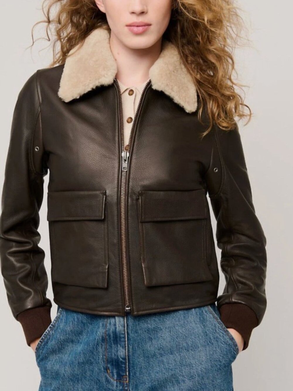NWT Overland Leather Bomber Jacket w/ Shearling Fur Collar - Picture 2 of 13